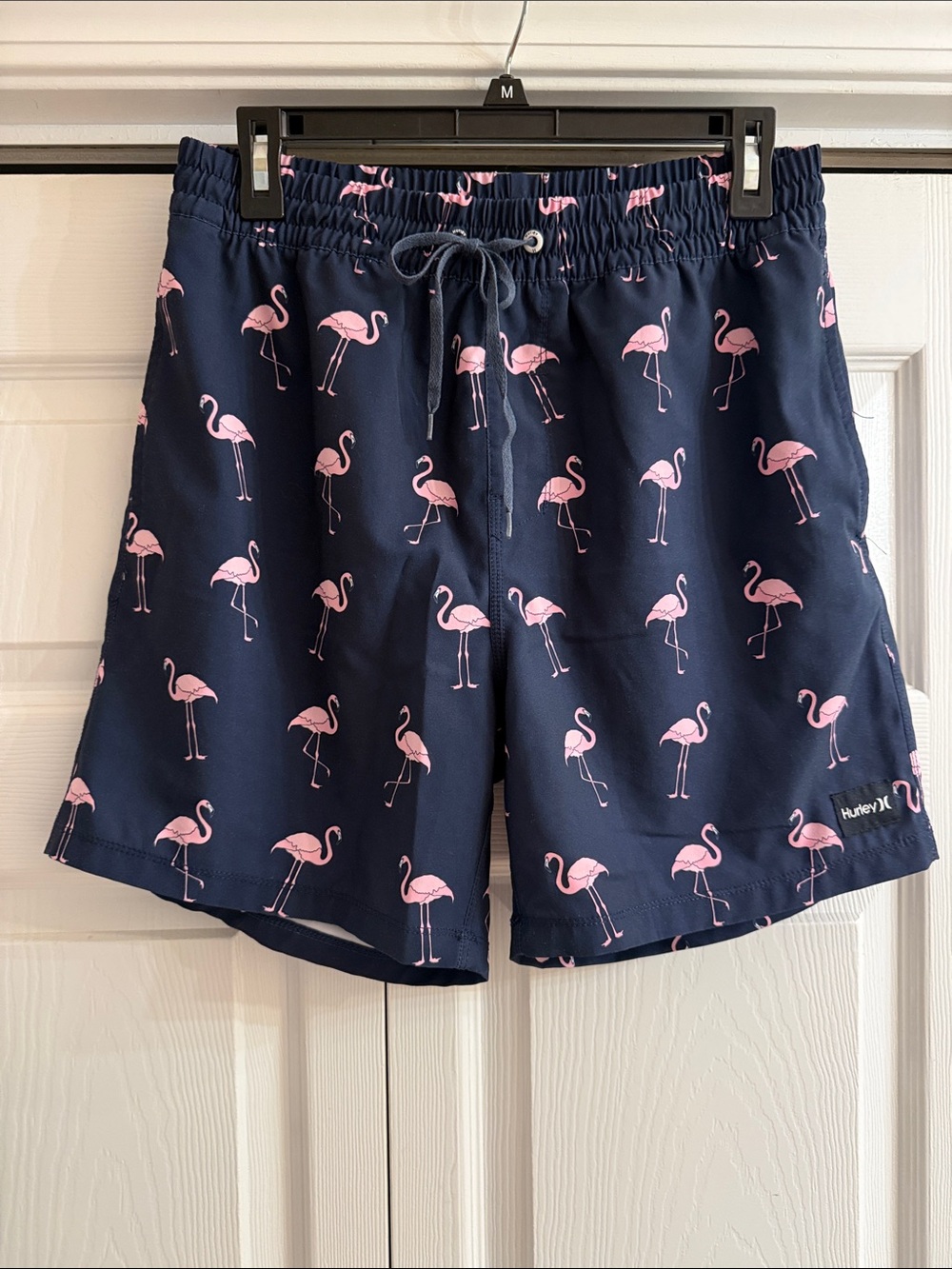 Men’s Hurley Navy Swim Shorts with Pink Flamingo Print.  Size M.  Inseam 6”